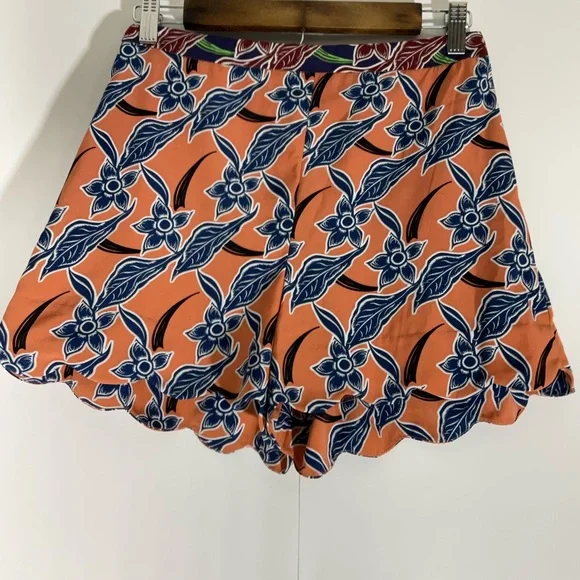 Topshop Floaty Short Orange w/Blue Floral Design Side Zipper Scalloped Hem Sz 4 - Picture 6 of 14